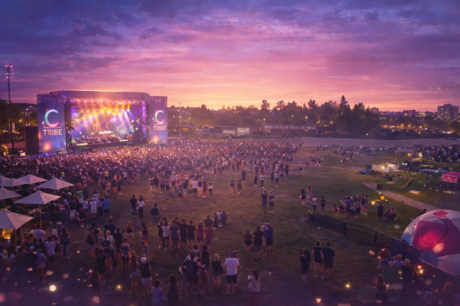 Festival crowd at sunset